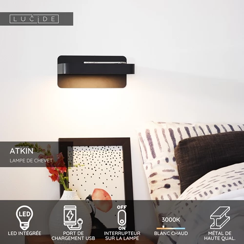Lucide ATKIN - Lampe de chevet / Applique mural - LED - 1x6W 3000K - Point de rechargement USB - Noir - USP
